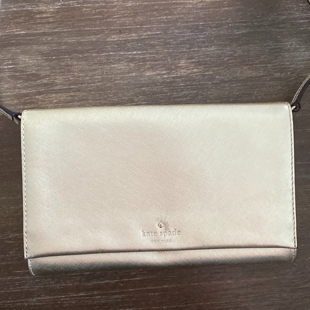 Kate Spade Gold Crossbody Envelope Clutch Bag w Polka Dot Interior